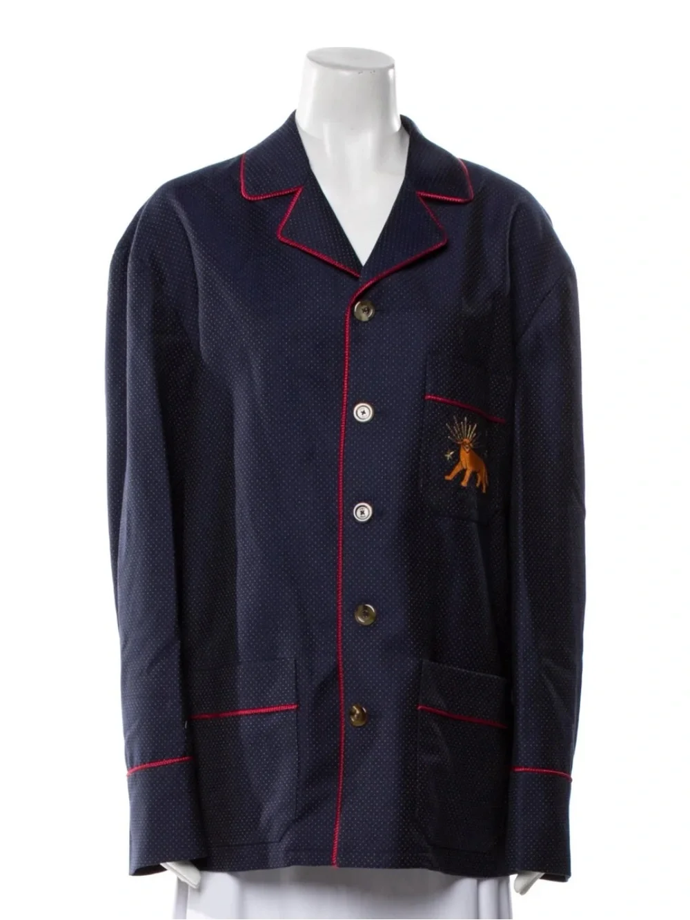 Gucci Navy Jacket with Red Piping and Embroidered Chest Motif